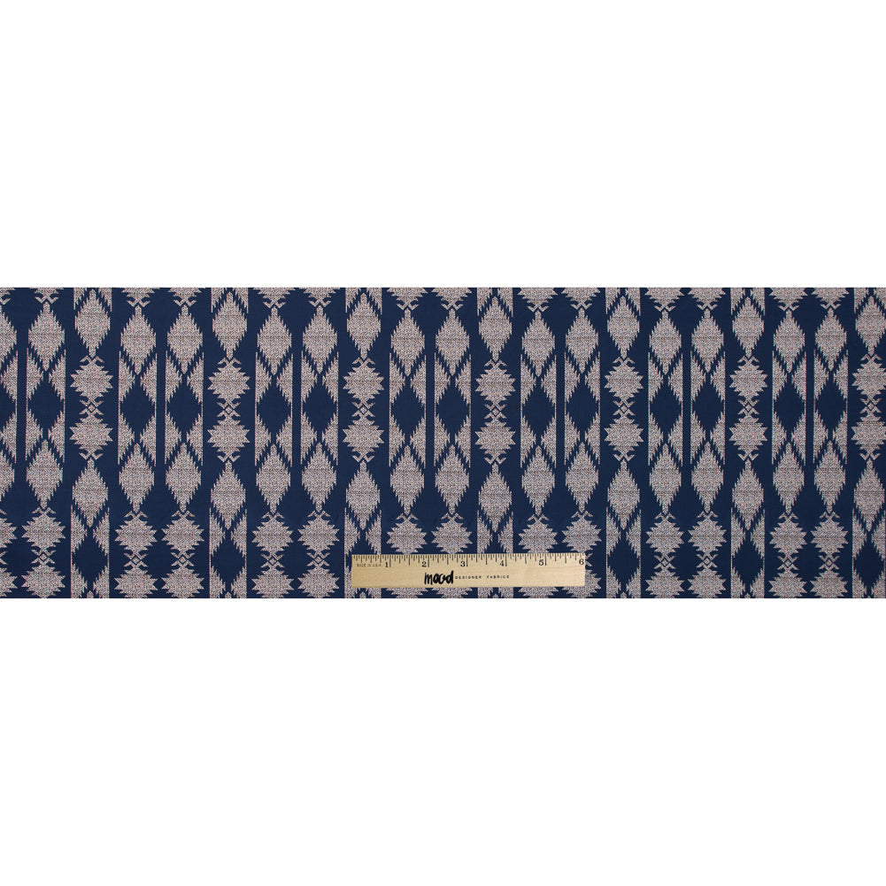 Blue and Beige Geometric Stretch Cotton Twill