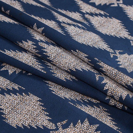 Blue and Beige Geometric Stretch Cotton Twill