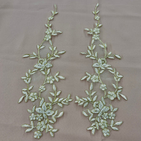 Beaded Corded Floral Lace Applique, Ivory with Gold, 16" x 5"