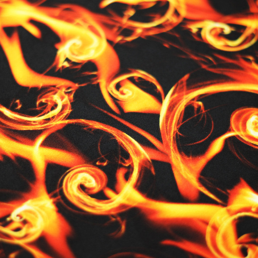Fire Tornado Nylon Spandex Fabric - Fire Flame Print, Orange/Red Foil, Pink/Pink Foil, Blue/Royal Foil, 58/60" Width (1 Yard)