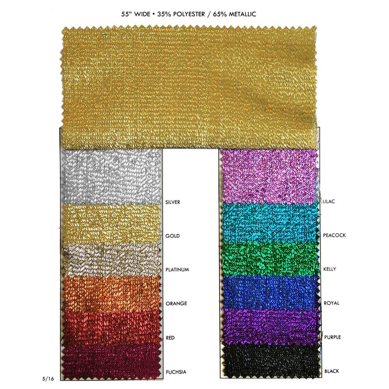 Majestic Lame Metallic Polyester Fabric - Aqua, Black, Fuchsia, Gold, Kelly, Lilac, Orange, Peacock, Platinum, Purple, Red, Royal, Scarlet, Silver, 54" Width (1 Yard)