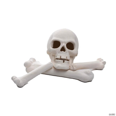 Ceramic Skull and Bones Fire Log Set for Halloween Fireplace Decor, showing a detailed skeletal bone design