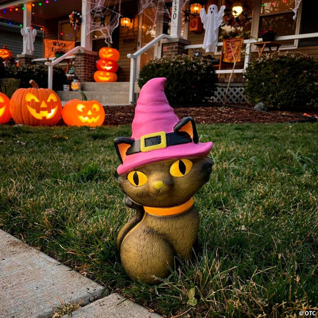 11" Light-Up LED Cat with Witch Hat Blow Mold Figure Halloween Decoration