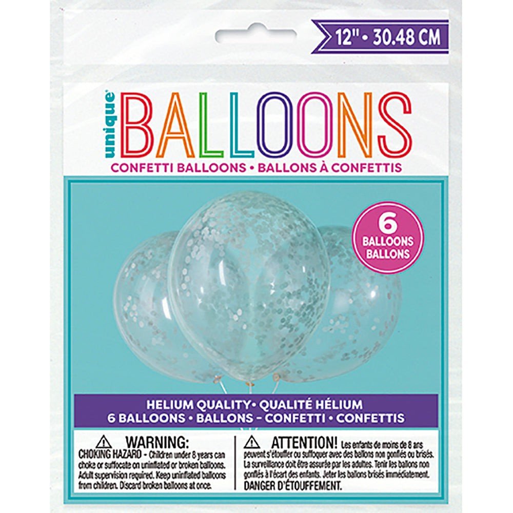 Clear Balloons with Silver Confetti 6 Pack