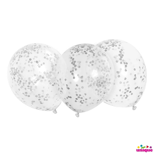 Clear Balloons with Silver Confetti 6 Pack