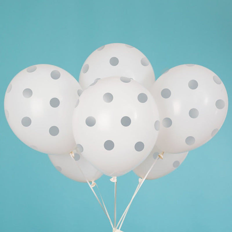 Latex Balloons White with Silver Polka Dots 12 Inch 6 Pack