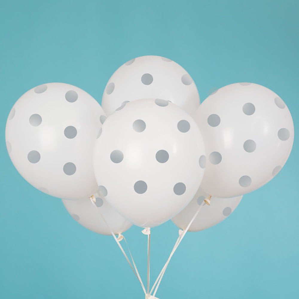 Latex Balloons White with Silver Polka Dots 12 Inch 6 Pack