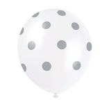 Latex Balloons White with Silver Polka Dots 12 Inch 6 Pack