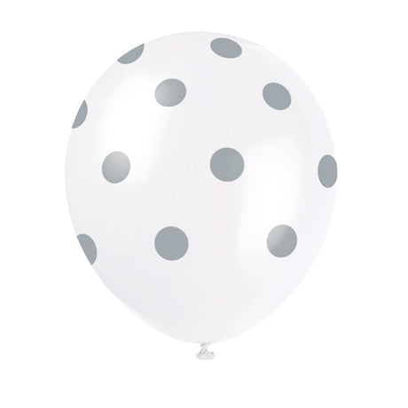 Latex Balloons White with Silver Polka Dots 12 Inch 6 Pack