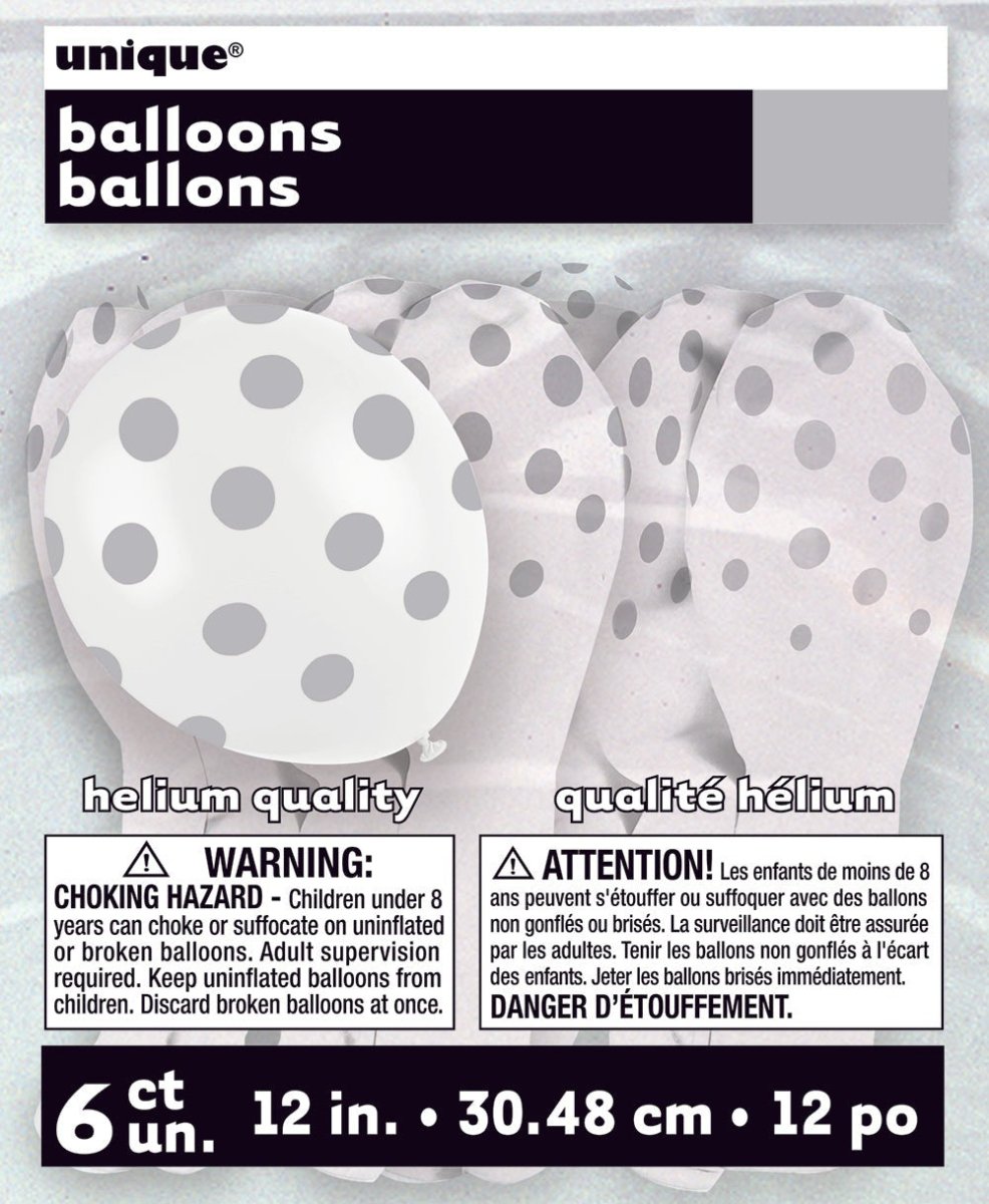 Latex Balloons White with Silver Polka Dots 12 Inch 6 Pack