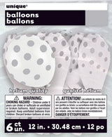 Latex Balloons White with Silver Polka Dots 12 Inch 6 Pack