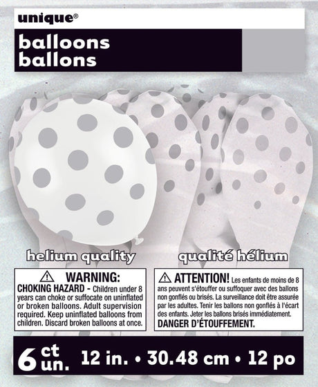 Latex Balloons White with Silver Polka Dots 12 Inch 6 Pack