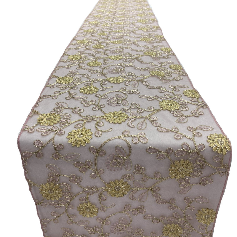 Metallic Embroidery Lace Table Runner Fabric - Dusty Rose On Dusty Rose Mesh, 12" X 90" (1 Piece)