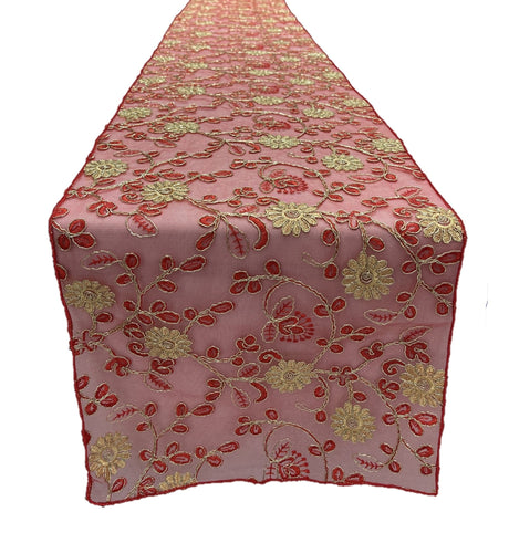Metallic Embroidery Lace Table Runner Fabric - Dusty Rose On Dusty Rose Mesh, 12" X 90" (1 Piece)