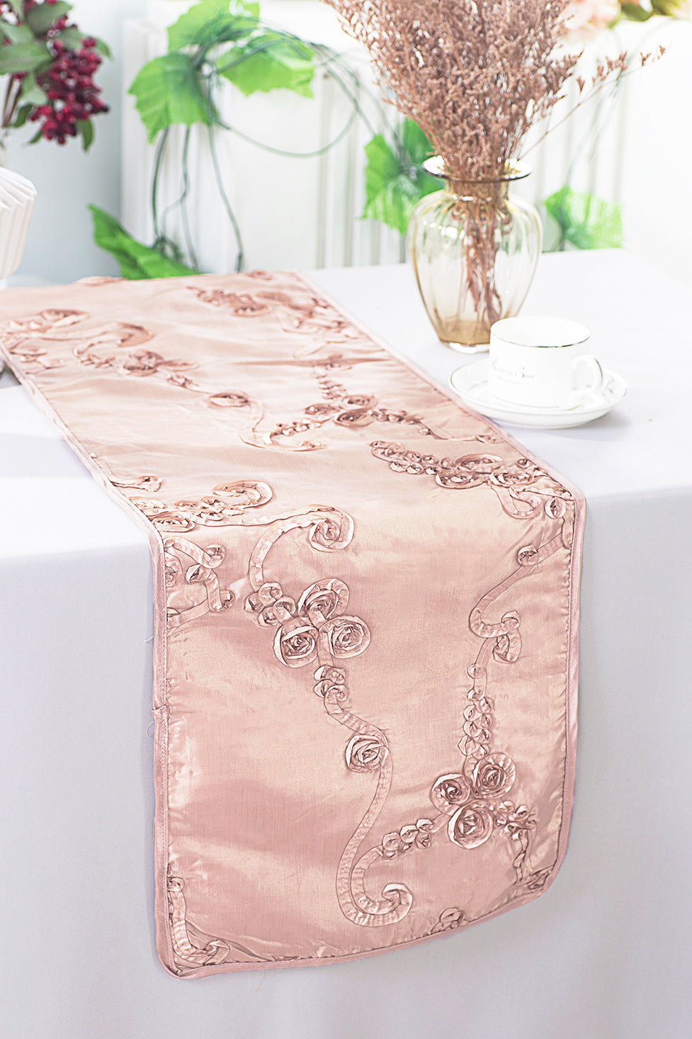 Ribbon Taffeta Table Runner 12x108 Blush Pink/Rose Gold