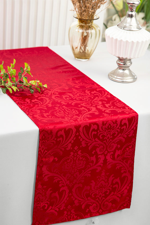 Polyester Table Runner 12x108 Floral Damask Jacquard Apple Red