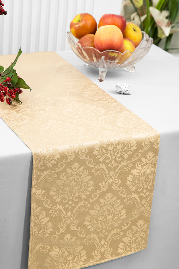 Marquis Damask Polyester Table Runner 12x108 Champagne