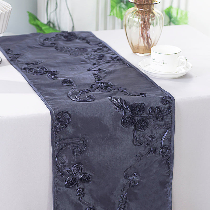 Ribbon Taffeta Table Runner 12x108 Pewter/Charcoal