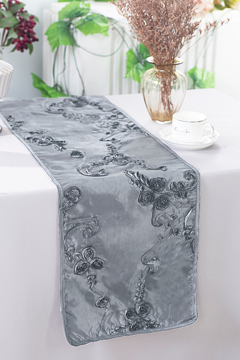 Ribbon Taffeta Table Runner 12x108 Silver