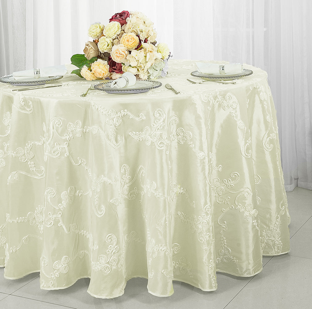 Round Ribbon Taffeta Tablecloth 120" Ivory