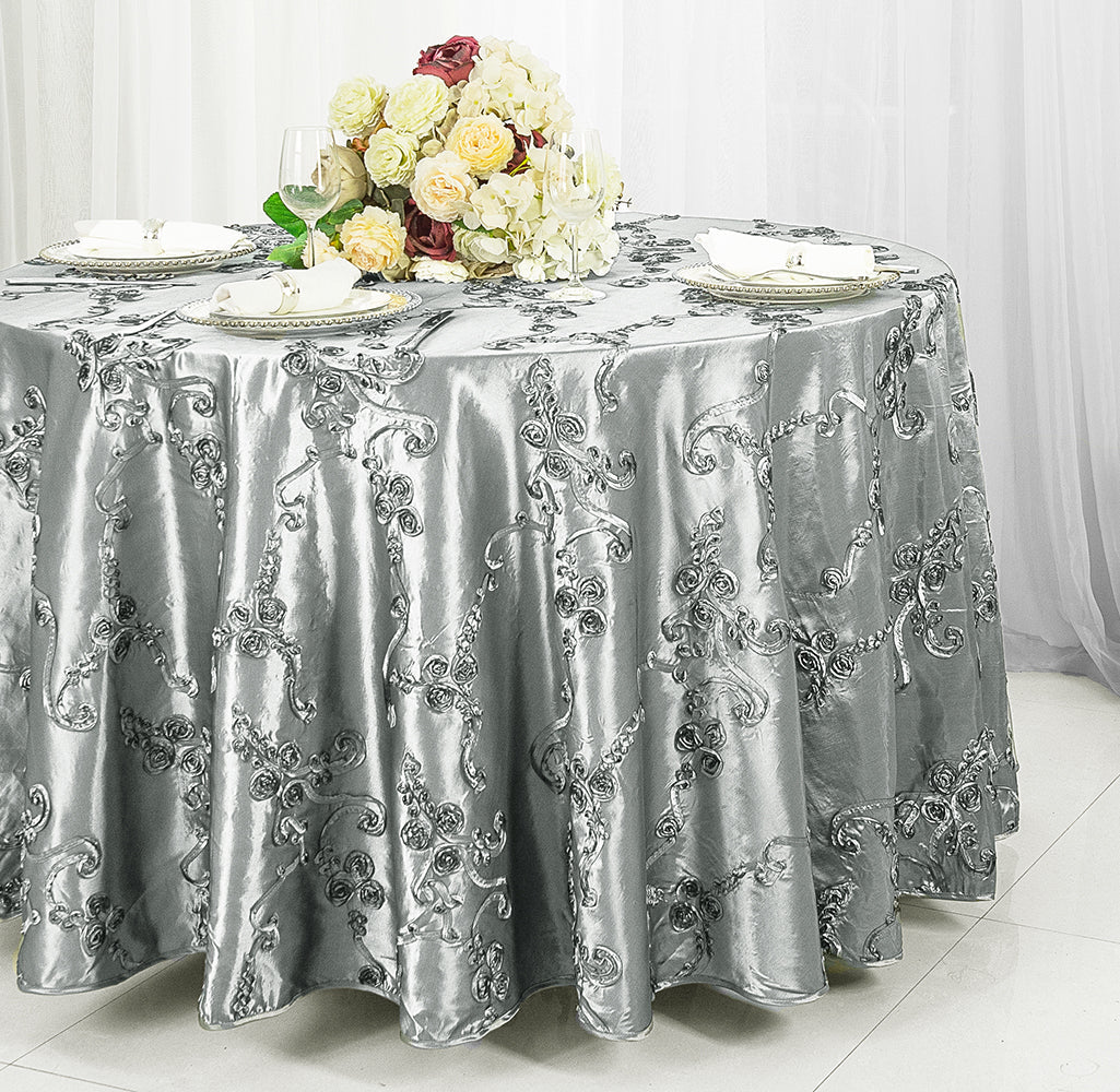 Round Ribbon Taffeta Tablecloth 132" Silver