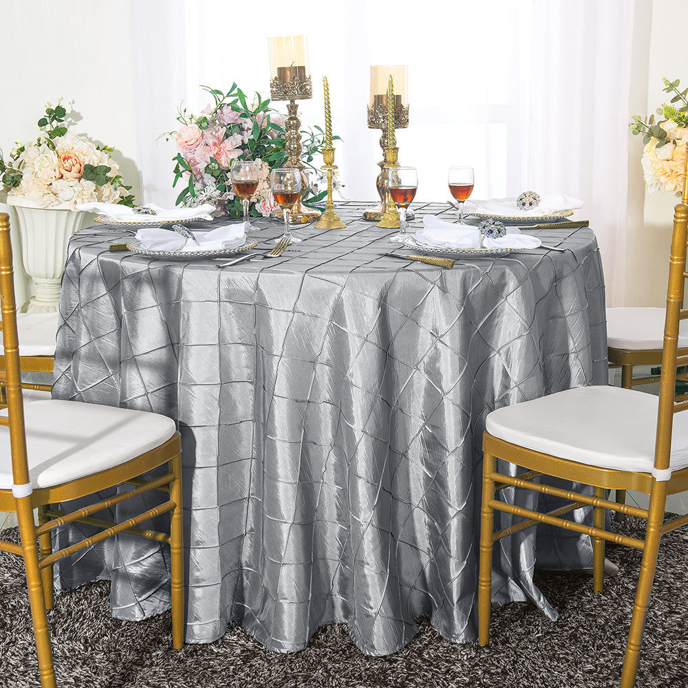 Round Pintuck Taffeta Tablecloth 90 Inch Silver