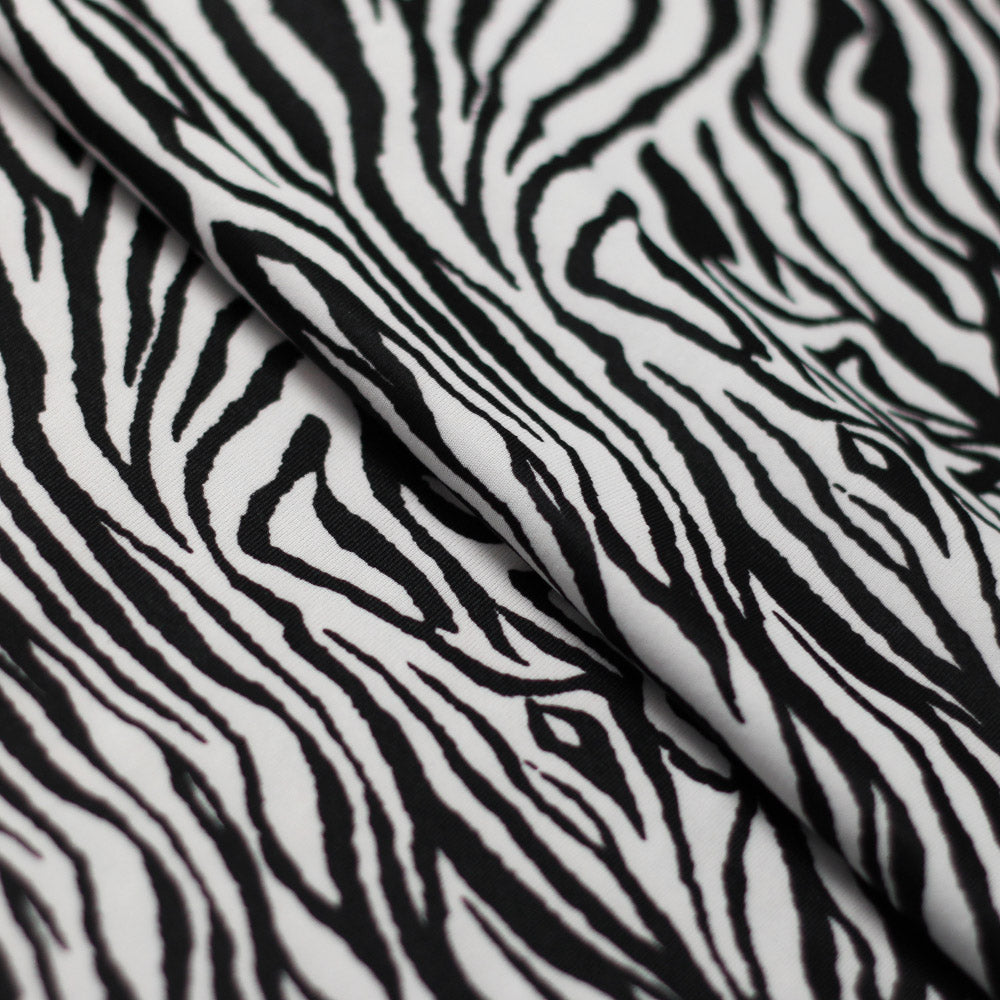 Ziggy Zebra Poly Spandex Fabric - Black/White Zebra Print, 58/60" Width (1 Yard)