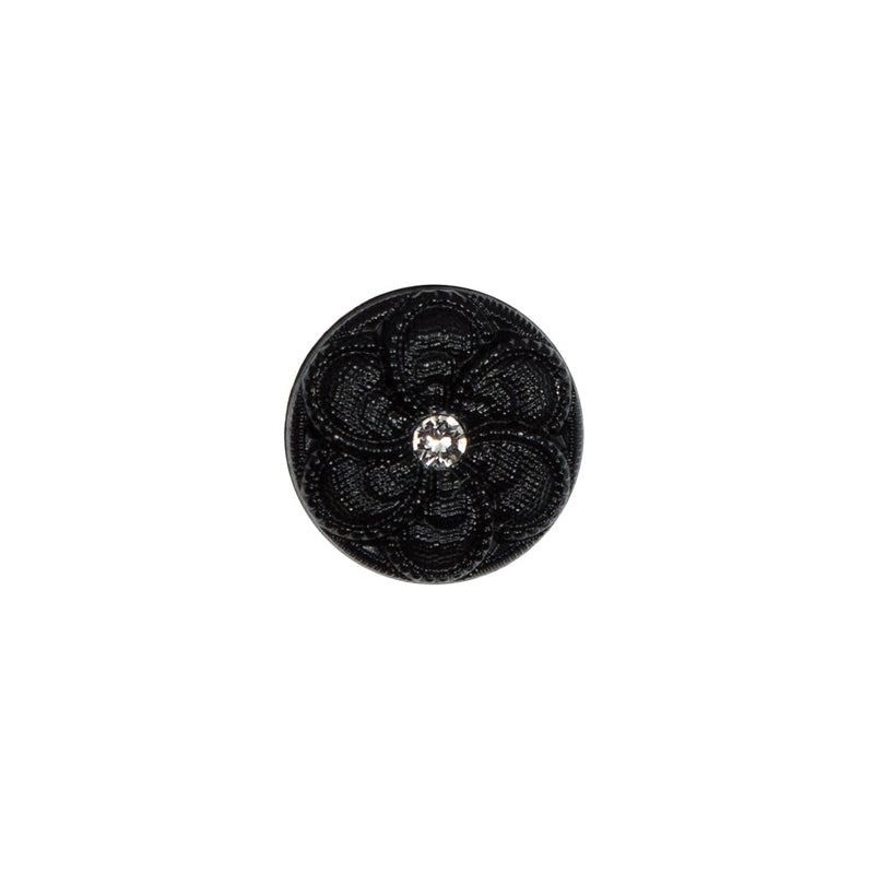 Italian Black Floral Nylon Button with Rhinestone Core - 20L/12.5mm