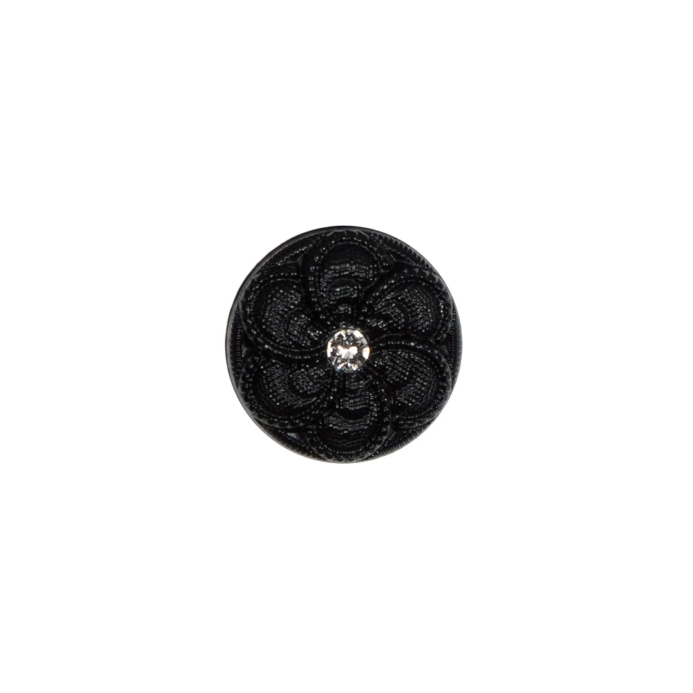 Italian Black Floral Nylon Button with Rhinestone Core - 20L/12.5mm