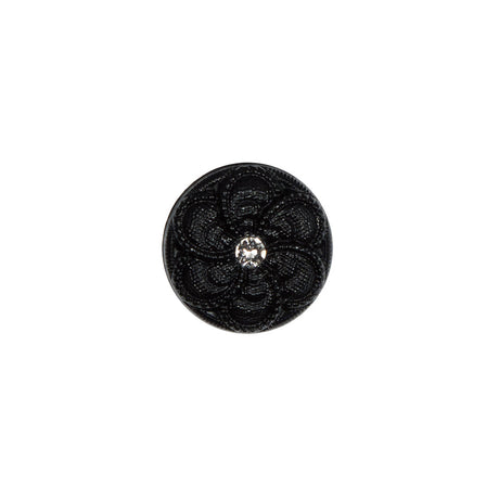 Italian Black Floral Nylon Button with Rhinestone Core - 20L/12.5mm