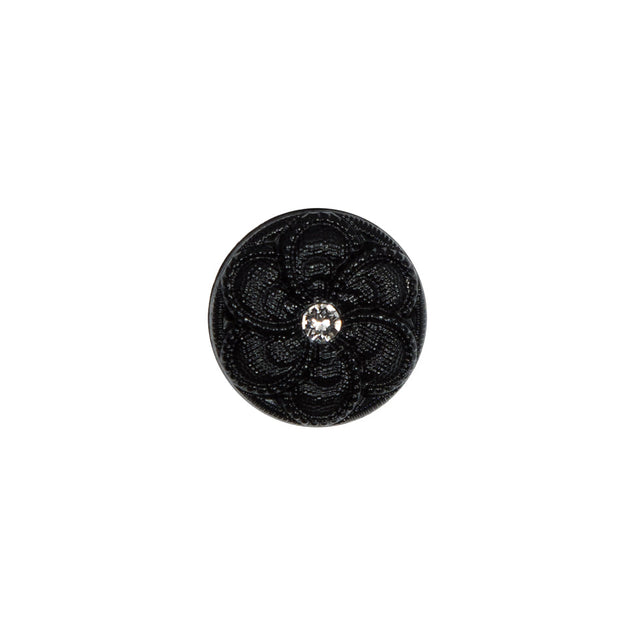 Italian Black Floral Nylon Button with Rhinestone Core - 20L/12.5mm