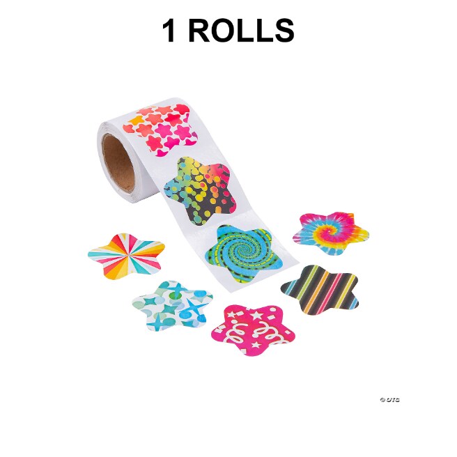 1 1/2" Funky Pattern Star Multicolor Paper Sticker Roll 100 Pieces