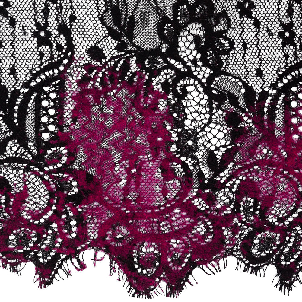 Italian Black and Magenta Flocked Lace Trim - 8"