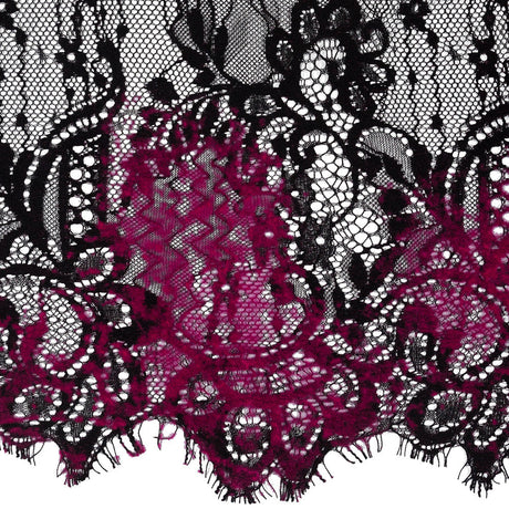 Italian Black and Magenta Flocked Lace Trim - 8"