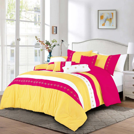 Yellow & Pink Boho Embroidery 7 Pieces Comforter Set