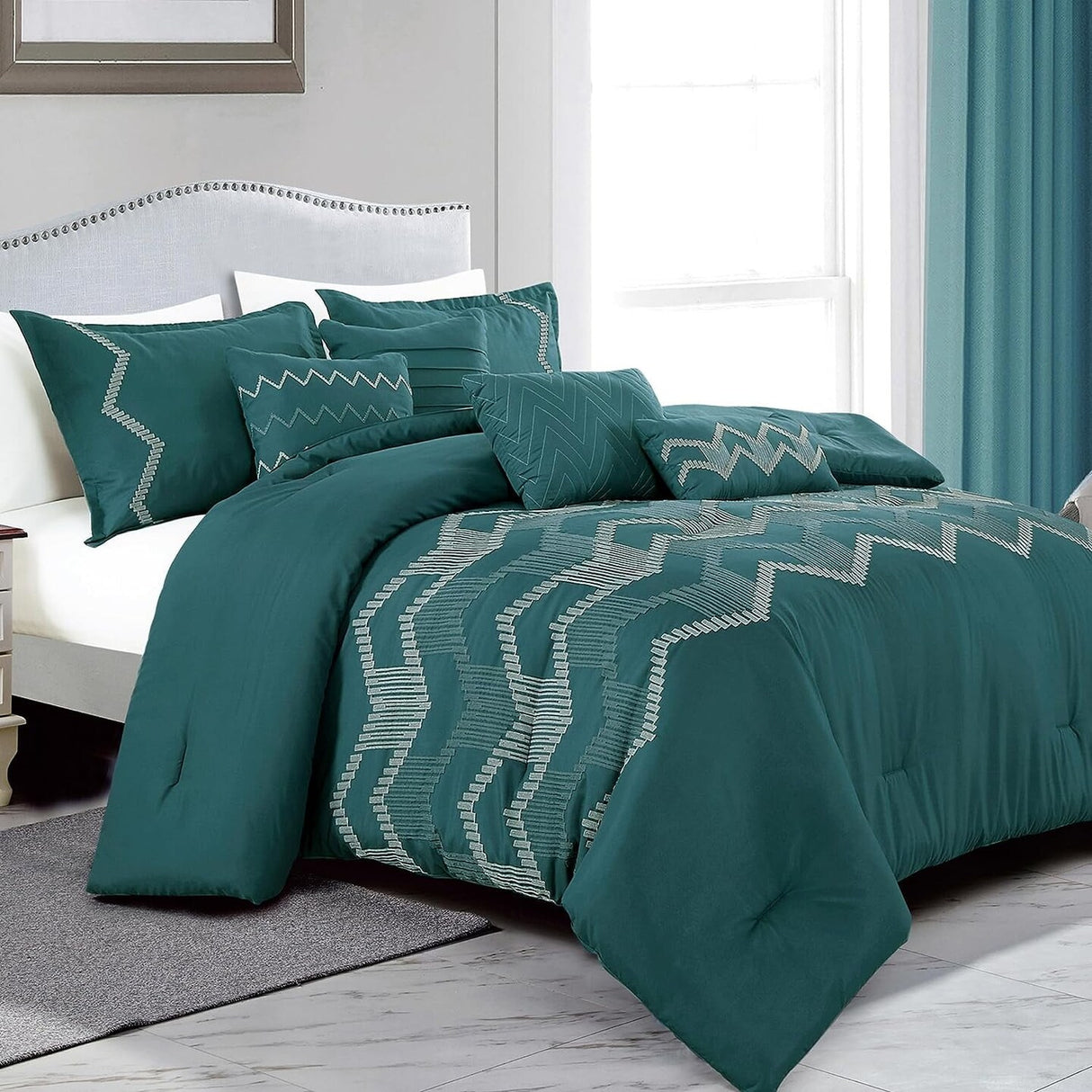 7 Pieces Kefira Teal Embroidery Comforter Set Breathable