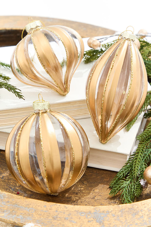 3.5" - 4.5" Gold & White Striped Glass Ornament