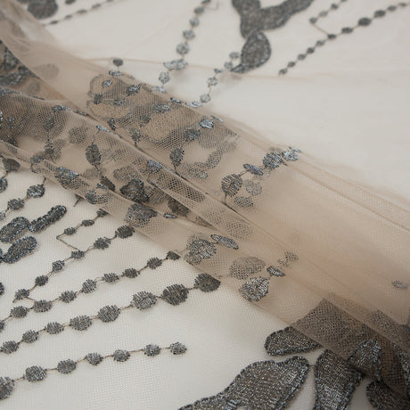 Metallic Silver and Beige Abstract Embroidery on Beige Mesh