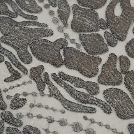 Metallic Silver and Beige Abstract Embroidery on Beige Mesh