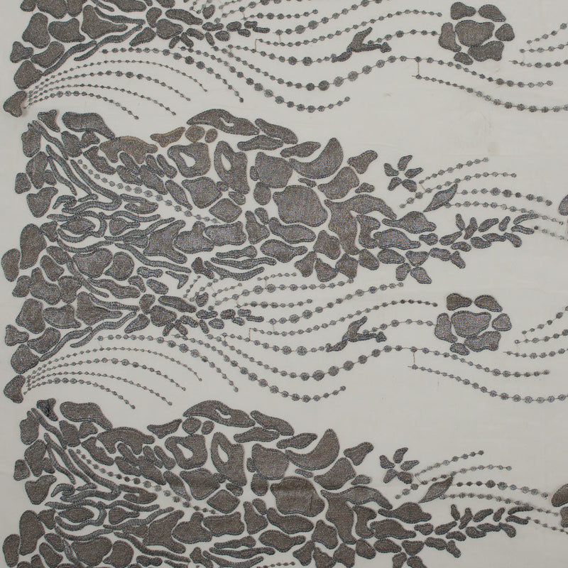 Metallic Silver and Beige Abstract Embroidery on Beige Mesh