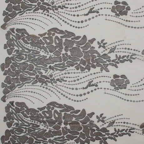 Metallic Silver and Beige Abstract Embroidery on Beige Mesh