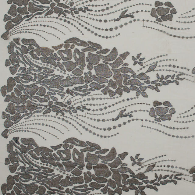 Metallic Silver and Beige Abstract Embroidery on Beige Mesh