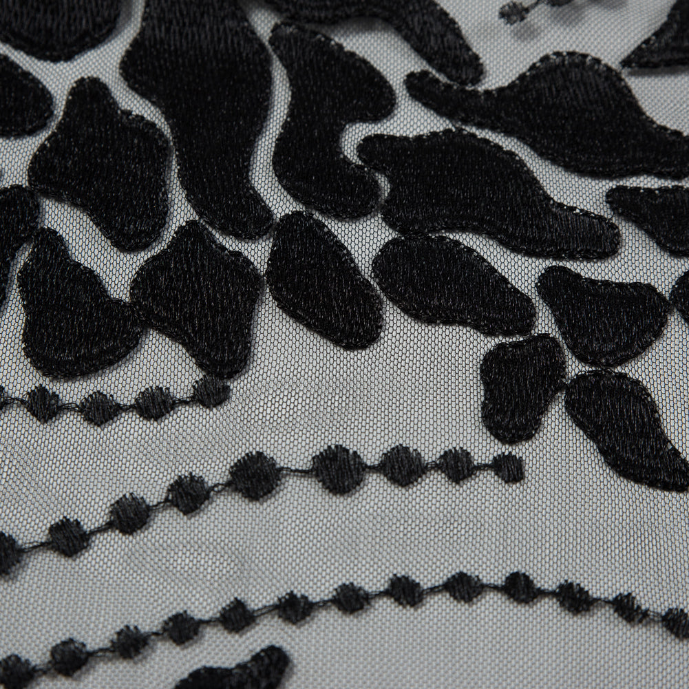 Black Abstract Embroidery on Black Mesh