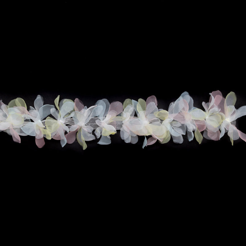 Italian Pastel Pink, Yellow and White 3D Organdy Floral Trim - 4"