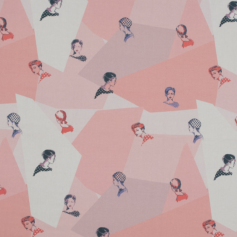Cotton Poplin - Pink and Blue Faces on Geometrics - Les Femmes en Pois Print - Mood Exclusive Avenable Collection