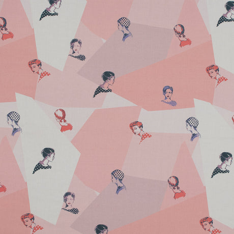 Cotton Poplin - Pink and Blue Faces on Geometrics - Les Femmes en Pois Print - Mood Exclusive Avenable Collection