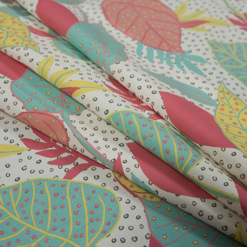 Cotton Poplin - White and Green Leaves and Dots - Botanique a La Discotheque Print - Mood Exclusive Avenable Collection