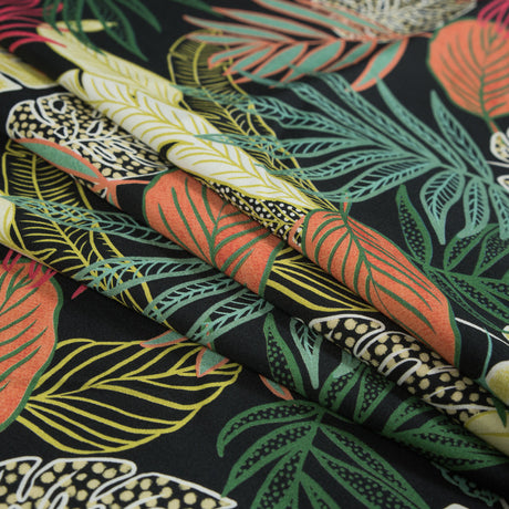 Stretch Cotton Sateen - Black and Green Leaves - Tropikaj Lumoj Print - Mood Exclusive Avenable Collection