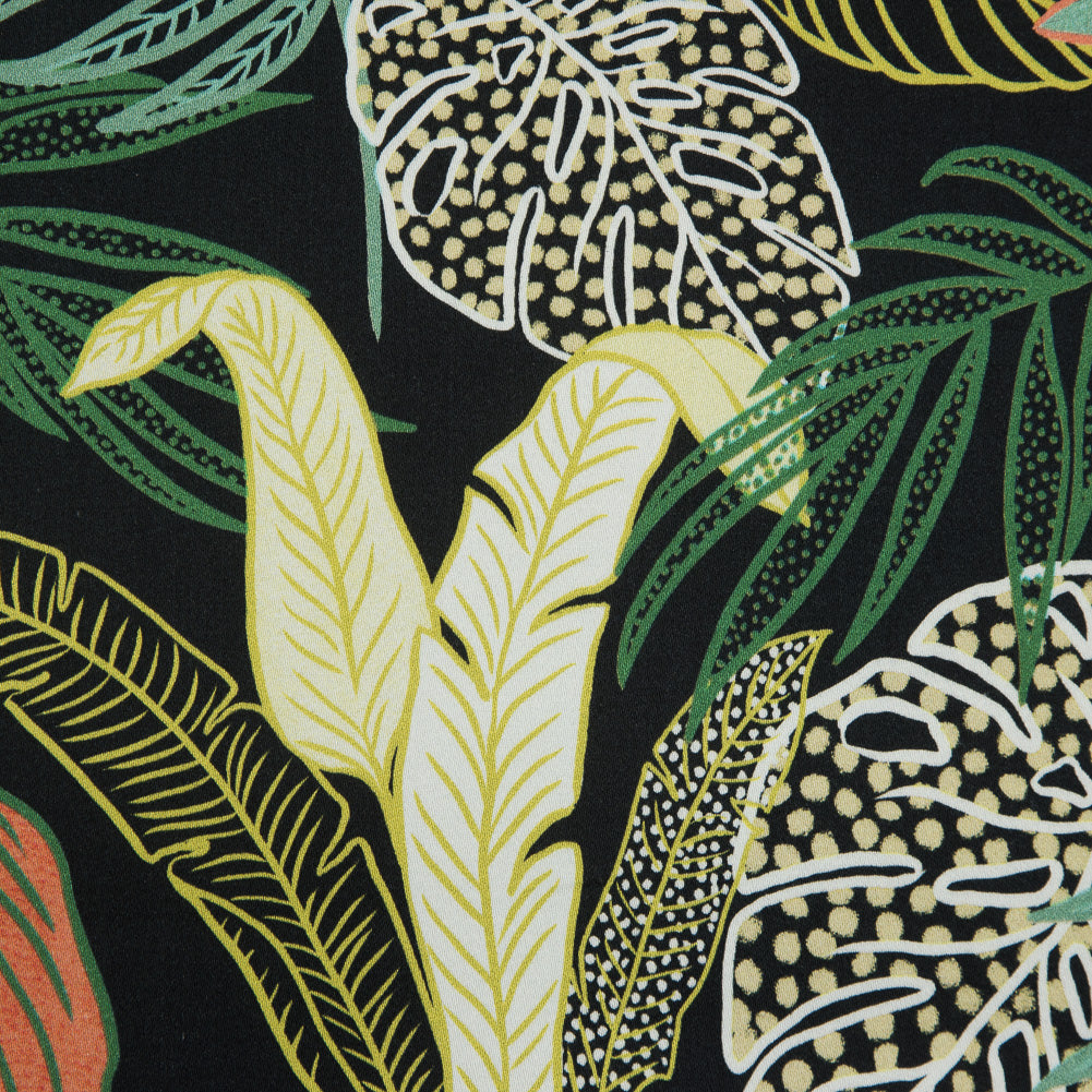 Stretch Cotton Sateen - Black and Green Leaves - Tropikaj Lumoj Print - Mood Exclusive Avenable Collection
