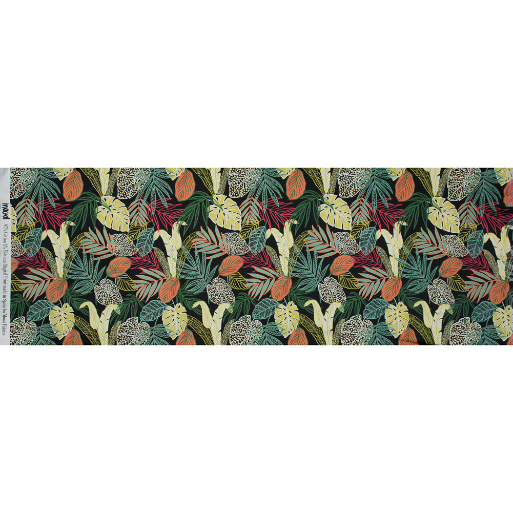 Stretch Cotton Sateen - Black and Green Leaves - Tropikaj Lumoj Print - Mood Exclusive Avenable Collection